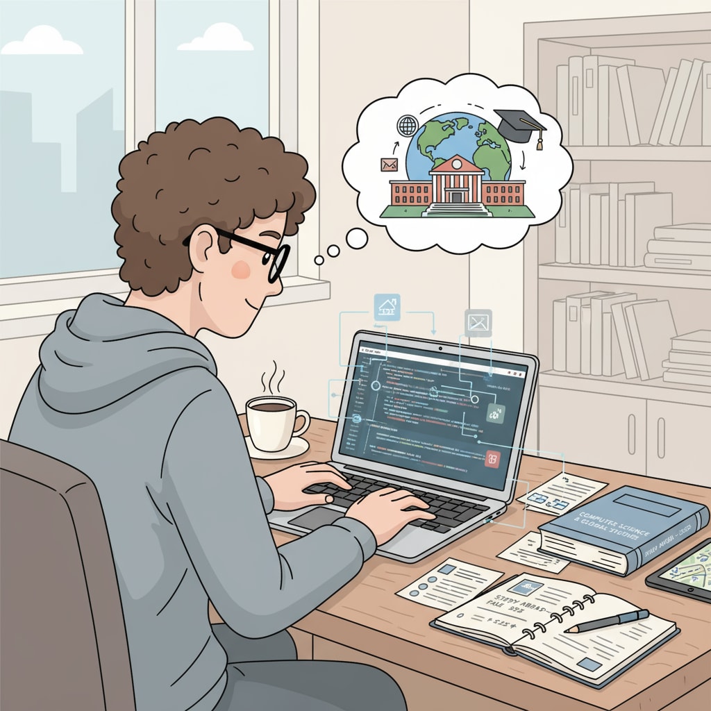 A student is concentrating on a programming project on a laptop, indicating the practical aspect of programming in the context of university majors and study abroad planning. Student working on a programming project on a laptop relevant to university major selection, study abroad planning, and math and programming