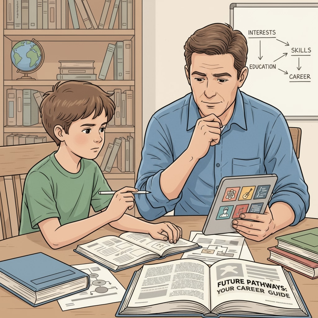A boy and his father are sitting at a table, engaged in a serious conversation about the boy's future career options. A boy discussing his career choices with his father