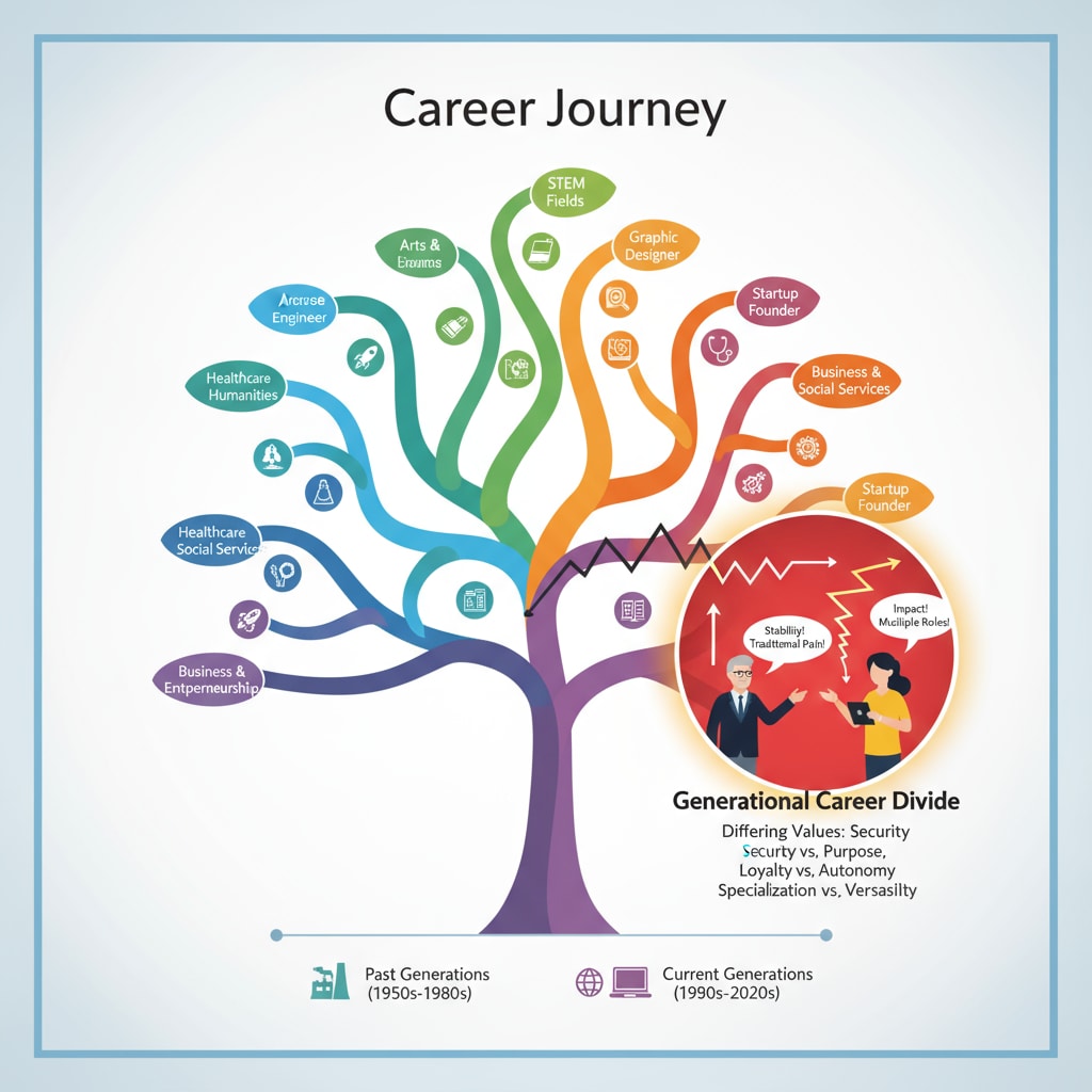 A colorful infographic showing various career paths branching out, with a highlighted section indicating the area of conflict between different generations' views on careers. A visual representation of different career paths and the conflict between generations