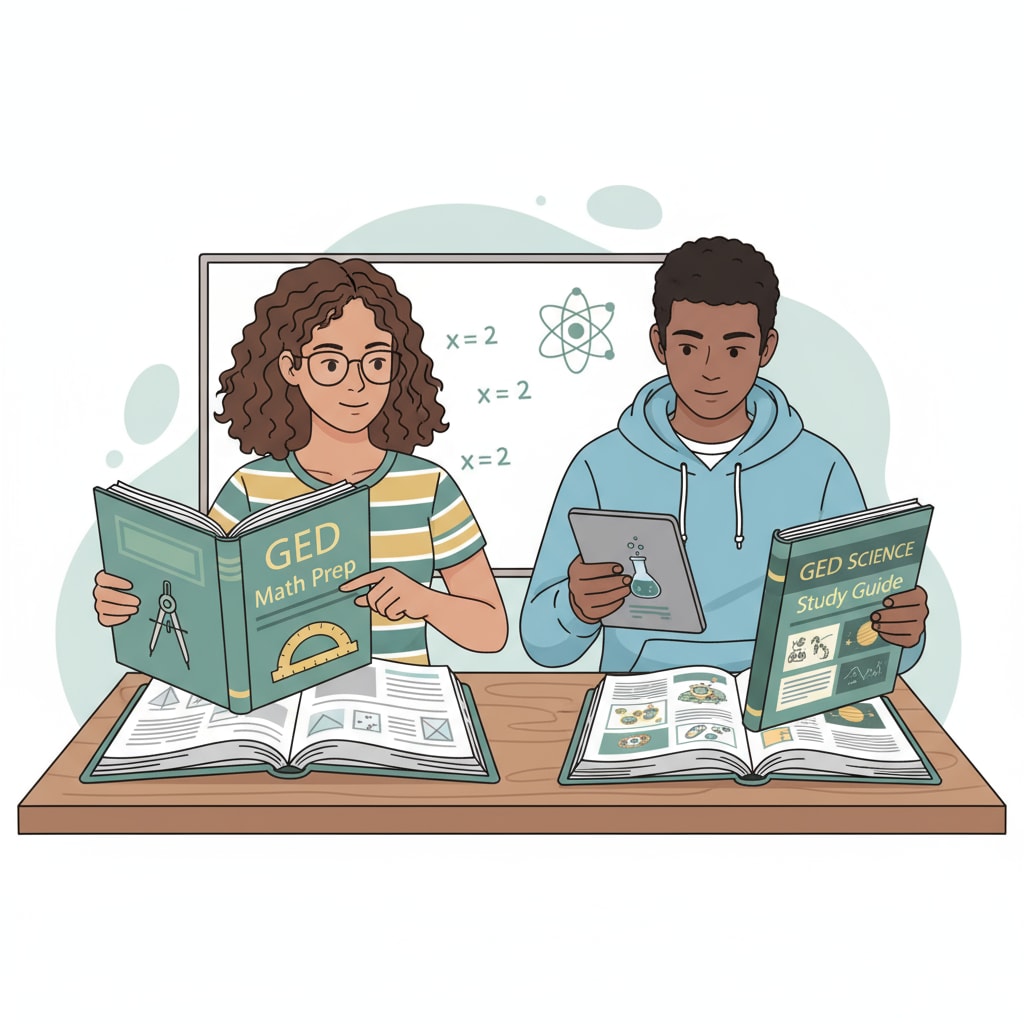 Two students are sitting at a desk, looking at GED math and science study materials. Students studying GED math and science resources