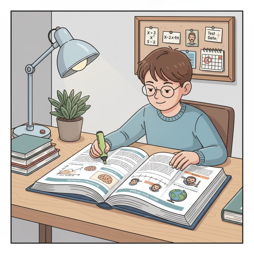 A person is looking at pages of a GED official study guide. Person viewing GED official study guide