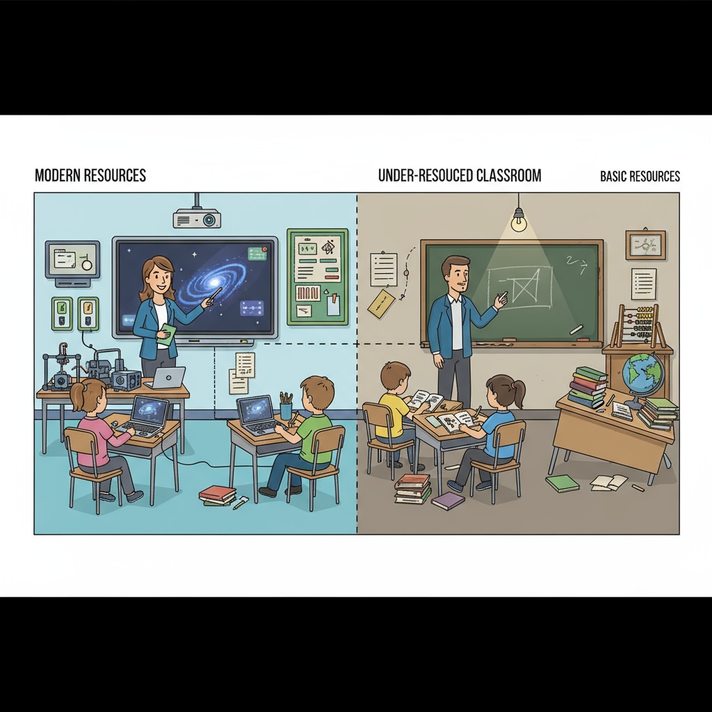 A classroom scene showing a contrast in teaching resources, with one side having modern equipment and the other side lacking basic items. Classroom scene depicting resource inequality related to education system, social screening, and class differentiation