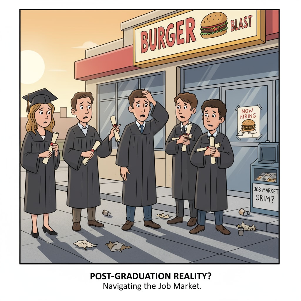 A group of young people with diplomas looking worried while standing in front of a fast-food restaurant, highlighting the concern about the job situation after getting a degree. Young graduates worried about job prospects in front of a fast-food restaurant, related to university degrees, job market, and career development