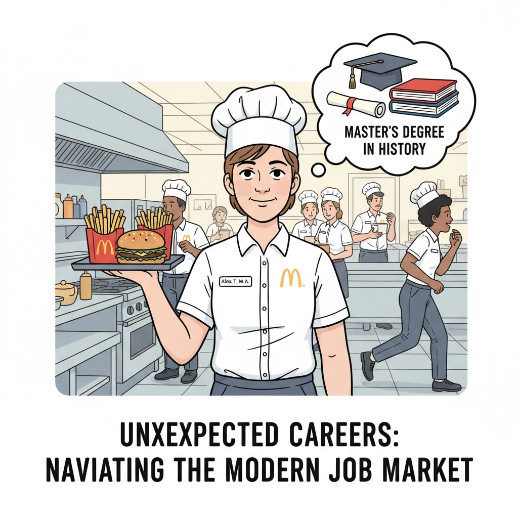 A master's degree holder working in a fast-food kitchen, showing the unexpected job situation of highly educated people in the fast-food industry. Master's degree holder working in fast-food kitchen, demonstrating the gap between university degrees, job market, and career development