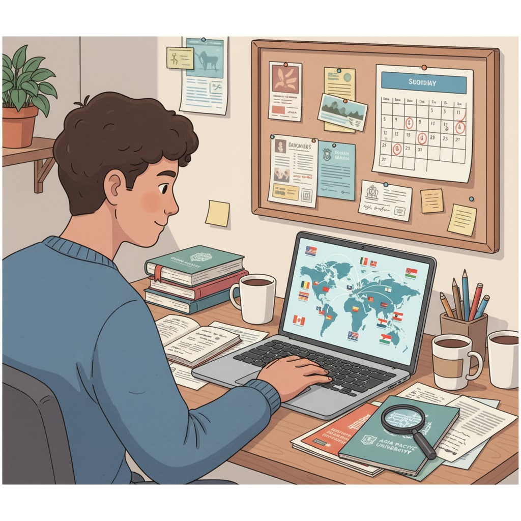 A student is sitting in front of a laptop, researching different international universities, with various university brochures and papers scattered around. A student researching international universities for applications and scholarships