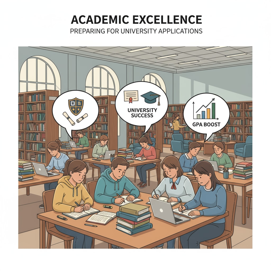 A group of students are sitting at library tables, studying books and taking notes, focused on improving their academic performance for university applications. Students studying hard to enhance their academic standing for university applications and scholarships
