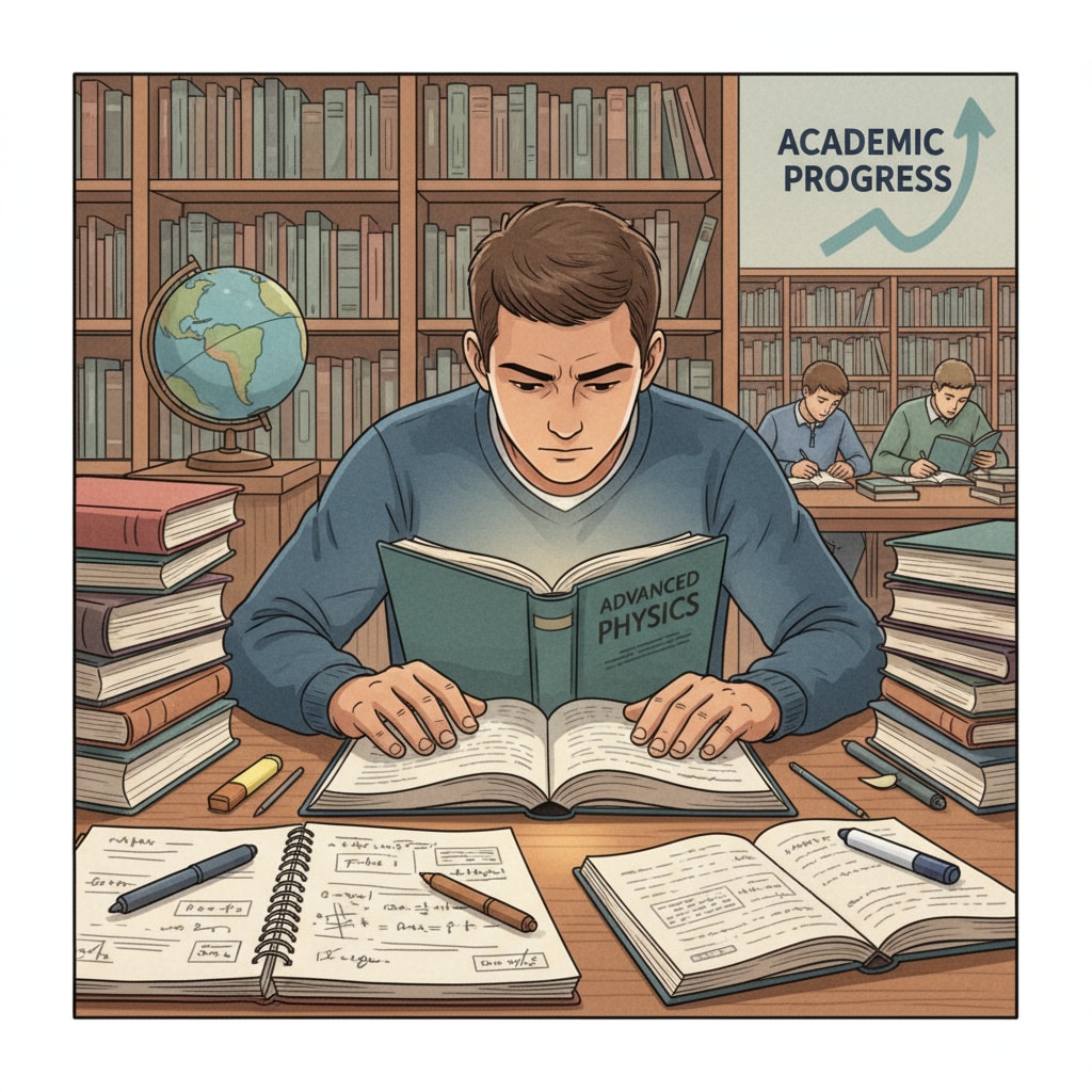 A student is sitting at a desk in a library, surrounded by books and notebooks. They are deeply focused on their studies, with a determined look on their face, symbolizing the pursuit of academic improvement. A student dedicated to academic improvement as part of their career and continuing education journey