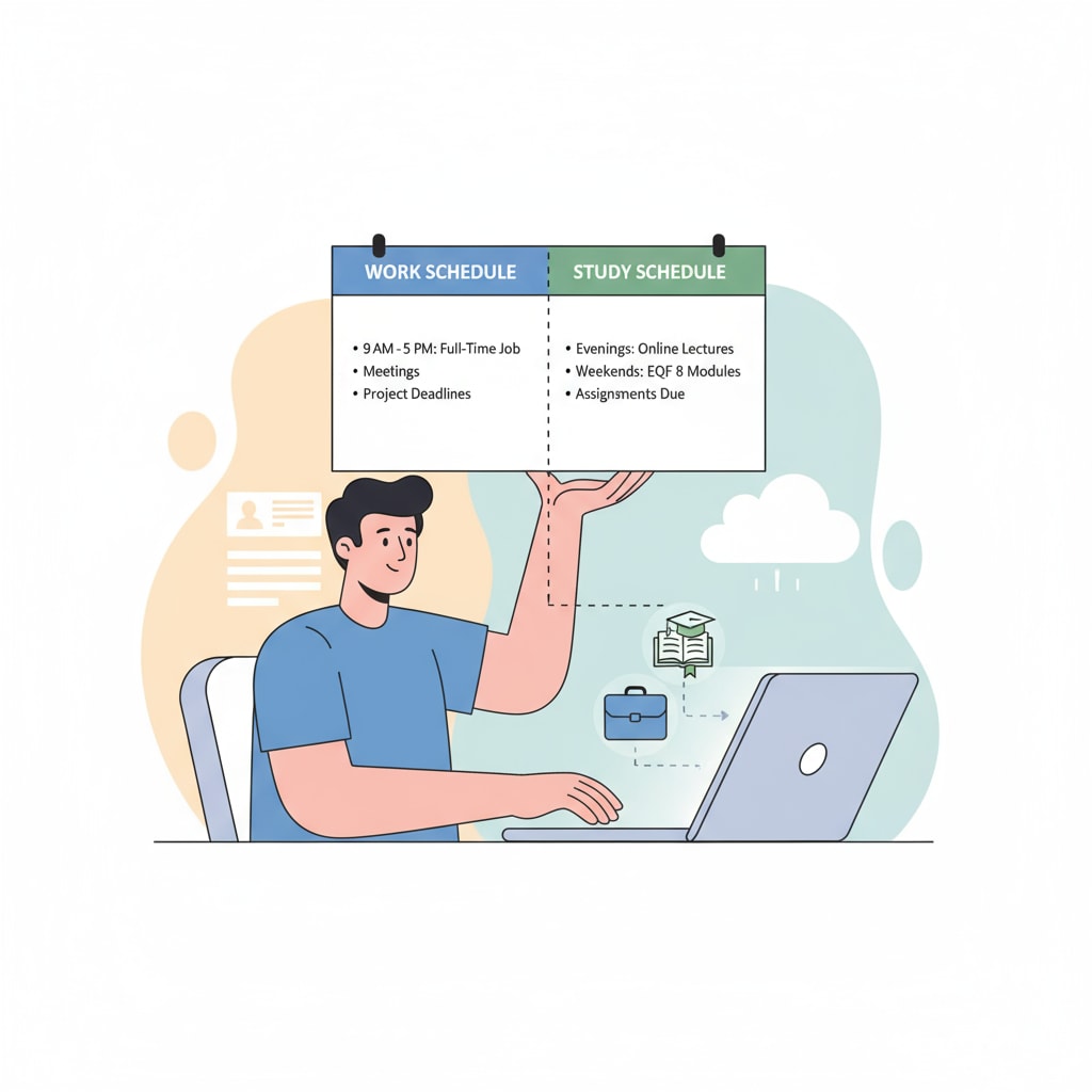 An illustration showing a person working on a laptop while balancing a calendar with work and study schedules, representing the balance between full-time work and online EQF 8 study A person balancing work and online EQF 8 study on a laptop with a calendar