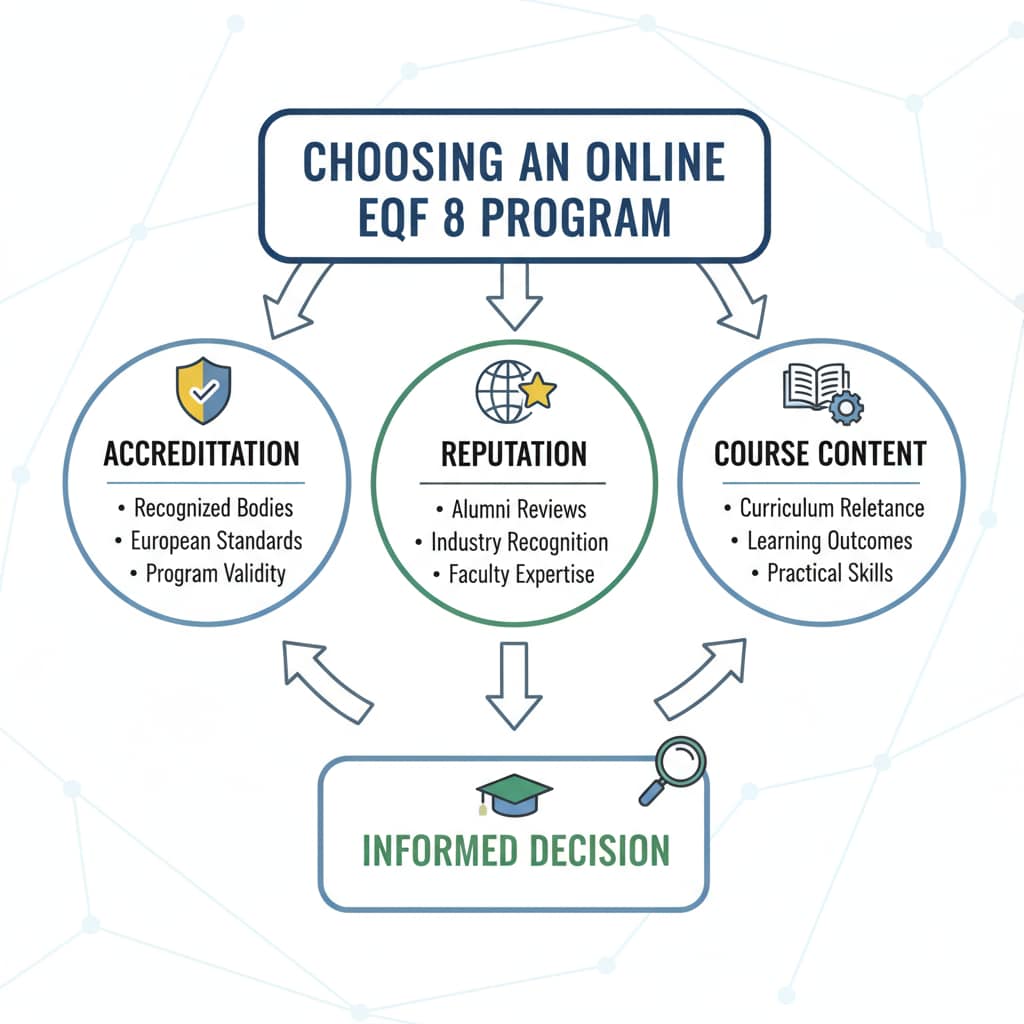 A graphic depicting the process of evaluating and choosing an online EQF 8 program, with elements like accreditation, reputation, and course content Graphic showing evaluation process of online EQF 8 program