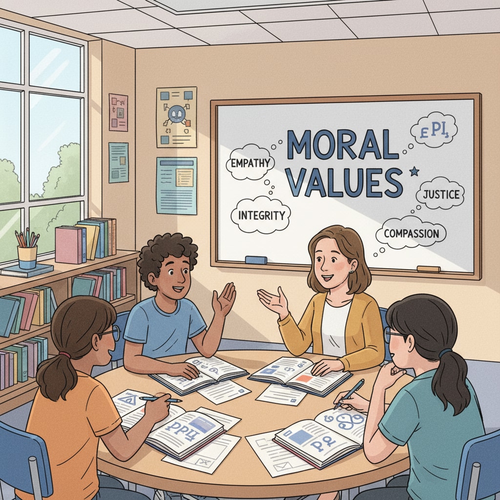 A group of students are having an in-depth discussion about moral values in a classroom setting, with open books and engaged expressions on their faces. Students discussing moral values in a classroom related to moral philosophy, ethics, empathy, and education