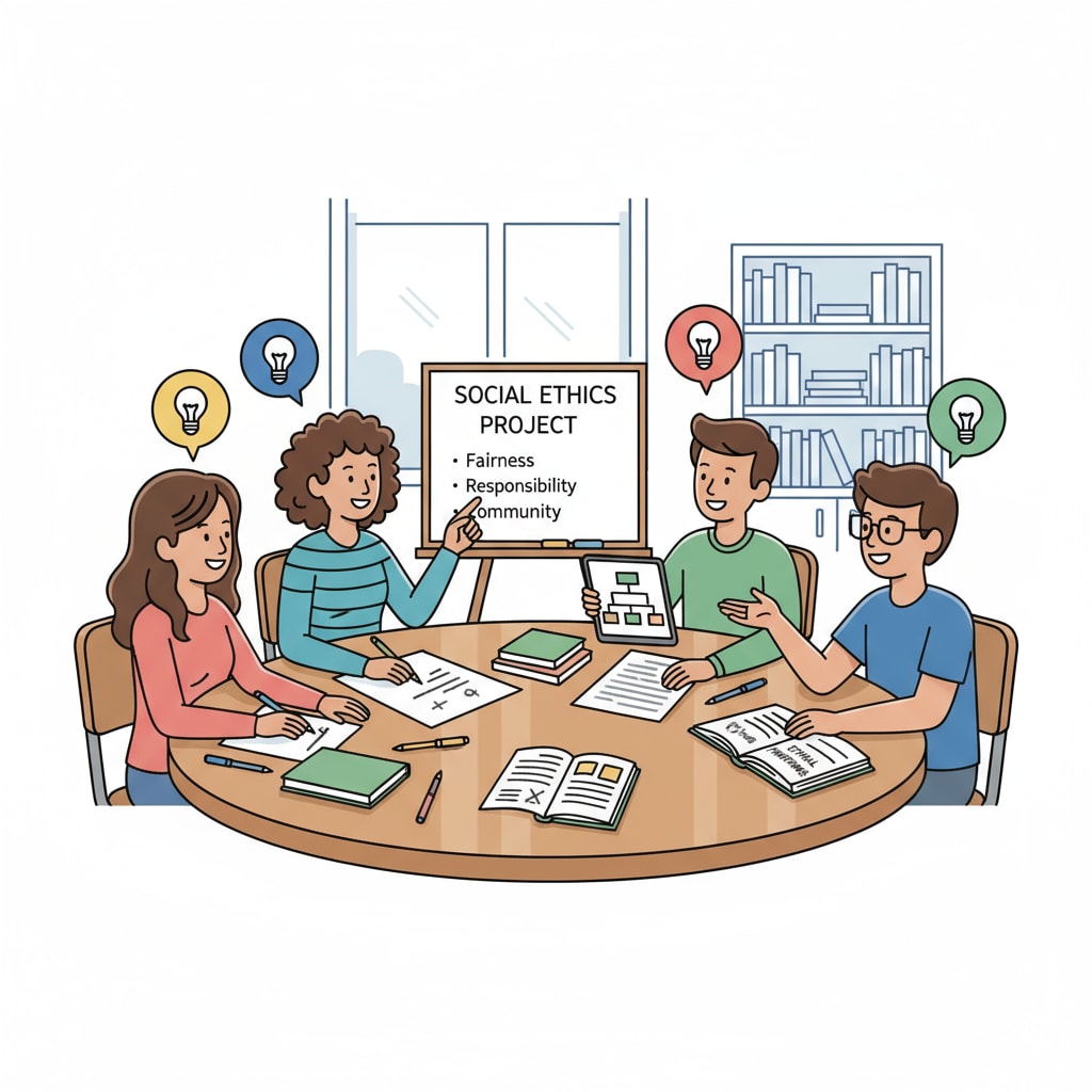 Students are collaborating on a project focused on social ethics. They are gathered around a table, sharing ideas and working together with enthusiasm. Students collaborating on a social ethics project relevant to moral philosophy, ethics, empathy, and education