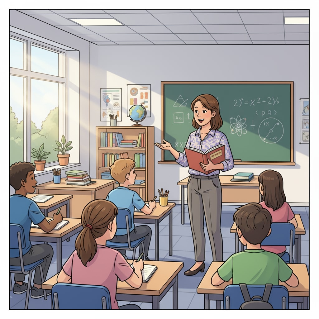 A teacher smiling and talking to a group of teenagers in a classroom. Teacher interacting with teenagers to prepare for adolescent education.
