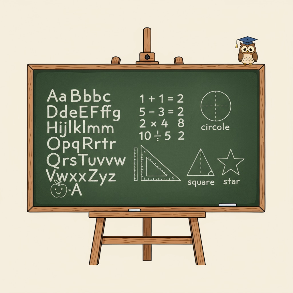 A blackboard with alphabet letters and simple math equations. Blackboard with basic literacy elements for adolescent education.