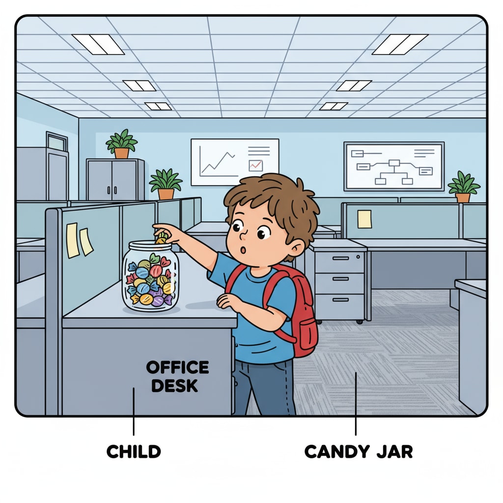A child in an office environment, looking curiously at desks and reaching for candies A child in the office causing disruption by taking candies