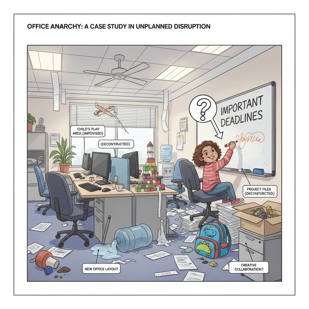 An office scene with desks in disarray after the child's actions Office desks in disarray due to a child's behavior