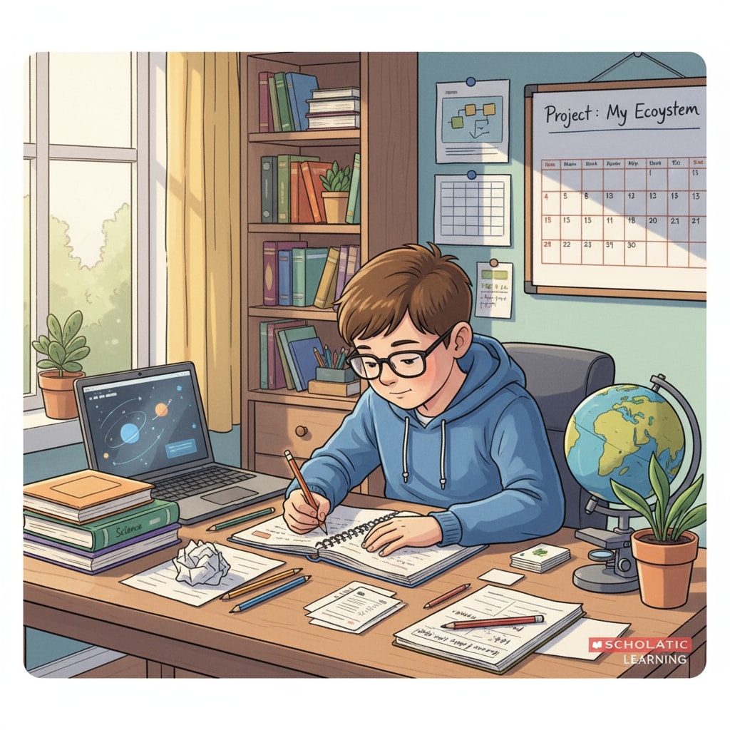 A K12 student is sitting at a desk at home, surrounded by books and study materials, engaged in self-directed learning. K12 student in self-directed learning demonstrating concentration and learning efficiency