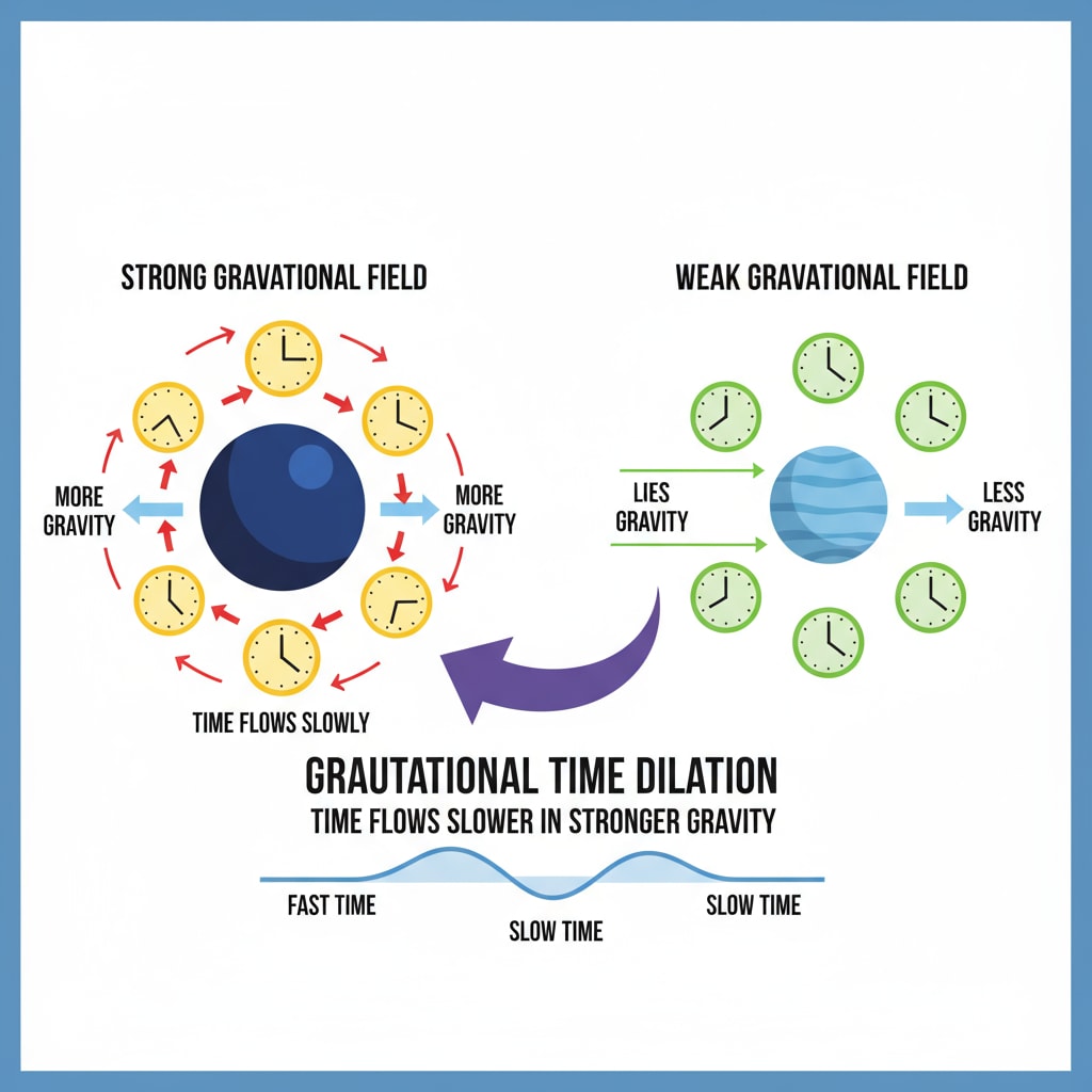 A diagram comparing the rate of time flow in a strong gravitational field and a weak one, highlighting gravitational time dilation. Comparison of time flow in different gravitational fields related to relativity