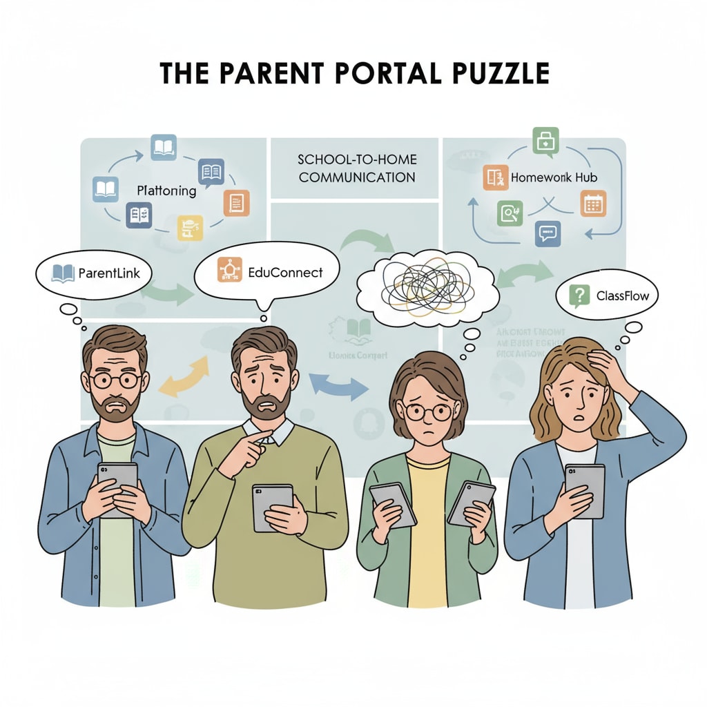 A group of parents looking confused while using their devices to access different home-school communication platforms Parents confused about using multiple home-school communication platforms including Peachjar and Securely