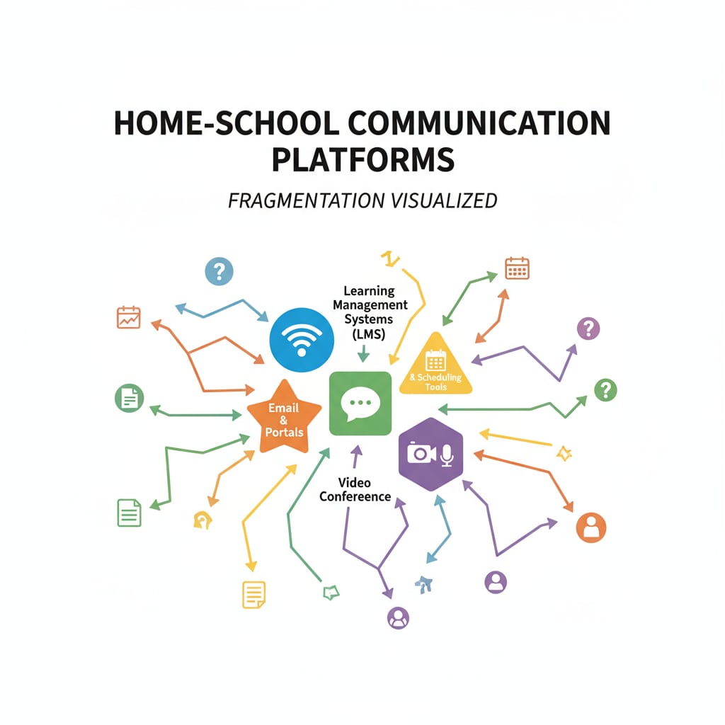 A visual representation of different home-school communication platforms with arrows going in different directions, showing fragmentation Visual of fragmented home-school communication platforms such as Peachjar and Securely