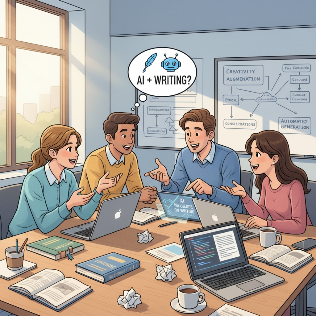A classroom scene where students are discussing AI and writing, with open books and laptops on their desks, engaged in a lively conversation about the impact of AI on writing. Students discussing the impact of AI on writing in a classroom, related to writing authenticity, AI detection, and teaching methods