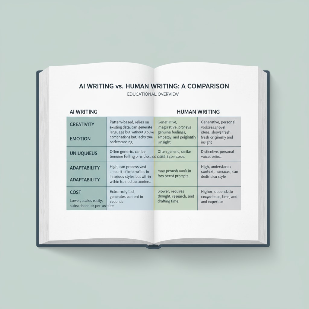 A comparison chart showing the differences between AI writing and human writing, with columns highlighting aspects like creativity, emotion, and uniqueness. Comparison chart of AI writing and human writing, relevant to writing authenticity, AI detection, and teaching methods