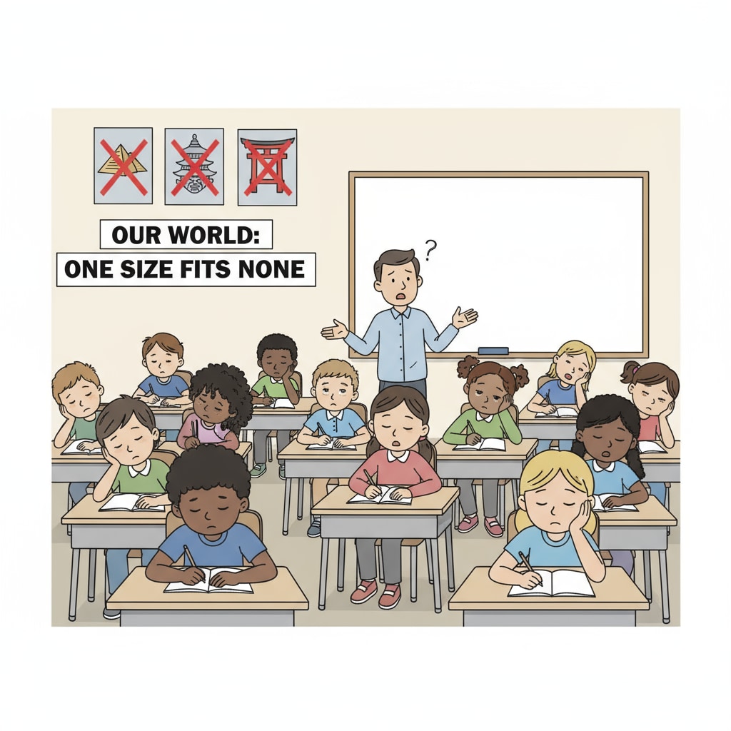 A diverse group of students sitting in a classroom, looking bored, symbolizing the negative effects of the lack of cultural inclusivity. Diverse students in an American classroom affected by cultural defects and reform resistance