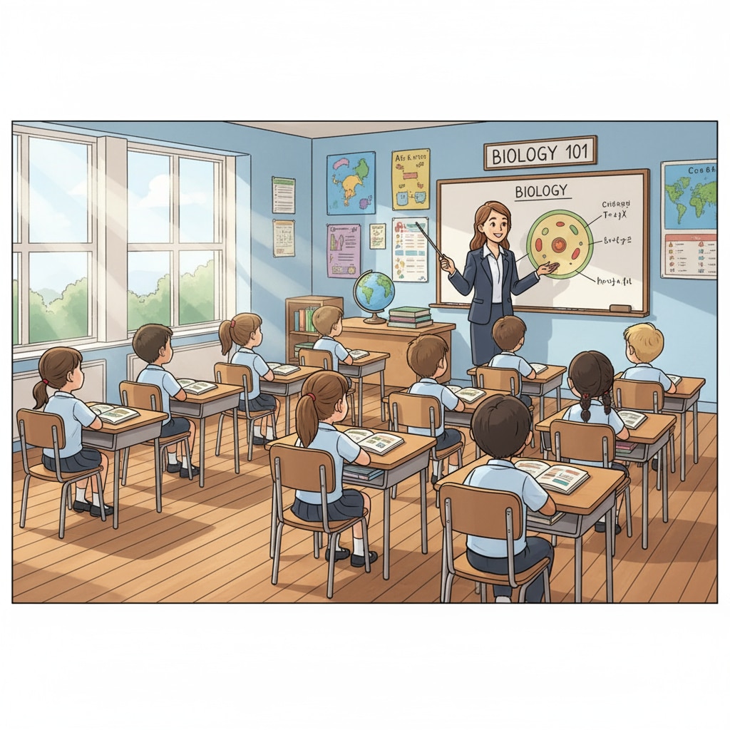 A classroom scene where students are sitting quietly, listening to the teacher, representing the obedience aspect in school education Classroom scene showing obedience in school education