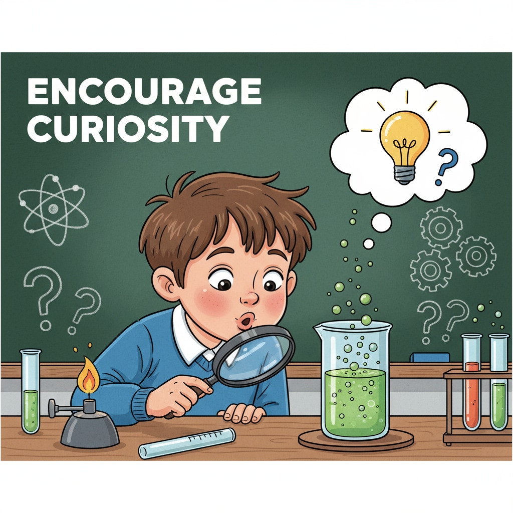 A child looking at a science experiment with a curious expression, symbolizing the need to encourage curiosity in school Child showing curiosity during a science experiment in school