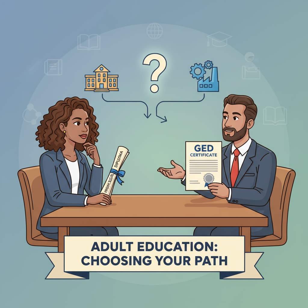 Two adults sitting at a table, engaged in a discussion while holding a high school diploma and a GED certificate respectively, showing the decision-making moment in adult education. Adults considering high school diploma and GED certificate in adult education