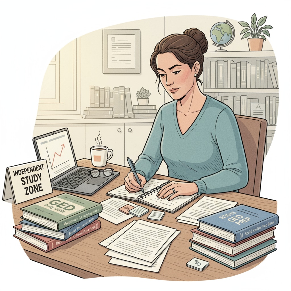 An adult is sitting at a desk, surrounded by study materials, concentrating on preparing for the GED exam, highlighting the independent study aspect of obtaining a GED in adult education. Adult studying for GED exam in adult education
