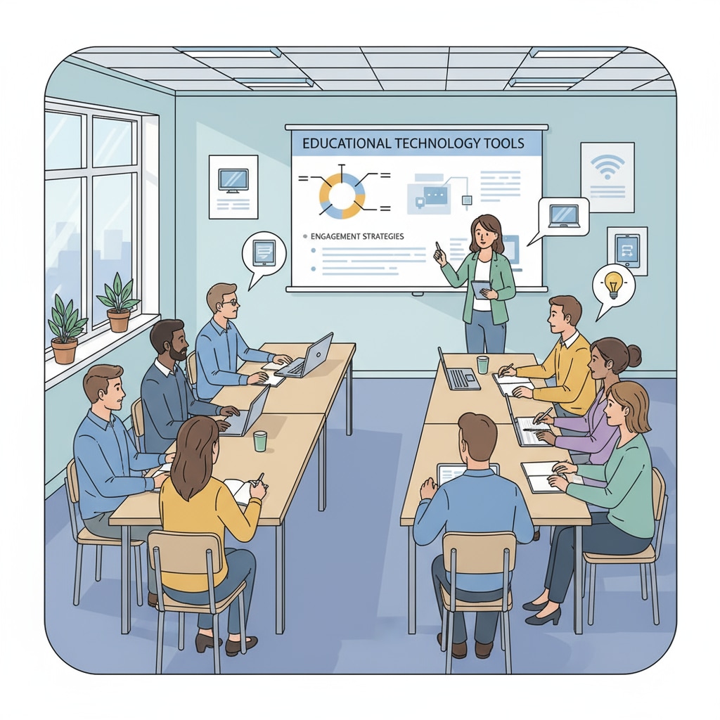 Teachers are attentively participating in a professional development workshop focused on educational technology tools. There are presentations on the screen, and teachers are taking notes. Teachers attending a professional development workshop for educational technology tools - related to information sources for adoption