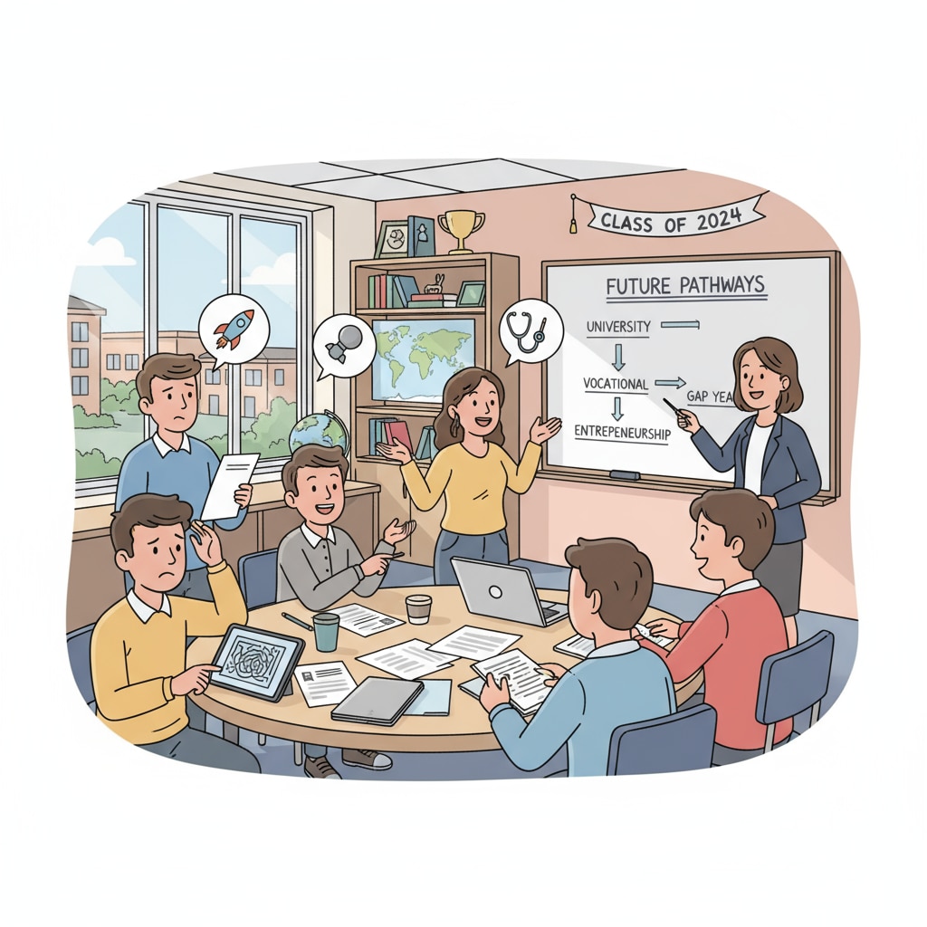 A group of high school graduates are gathered in a classroom, engaged in a lively discussion about their future career plans. Some are looking excited, while others seem a bit confused. High school graduates discussing career choices, university majors, and employment prospects