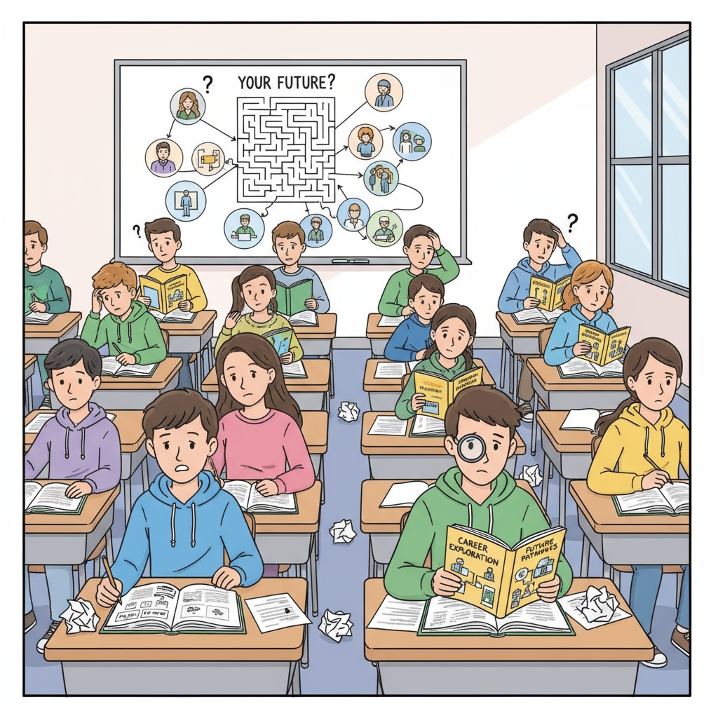 In a high school classroom, students are sitting at their desks, looking at textbooks and papers with a confused expression on their faces, as they are trying to figure out their career paths. High school students confused about career choices, university majors, and employment prospects
