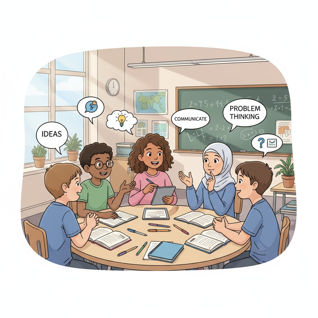 A group of middle school students are engaged in a lively discussion in the classroom. They are expressing different ideas, which is a manifestation of critical thinking and communication soft skills. Middle school students demonstrating critical thinking and communication skills in a classroom discussion