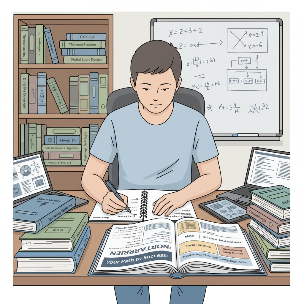 Student studying for GED with engineering and computer science textbooks