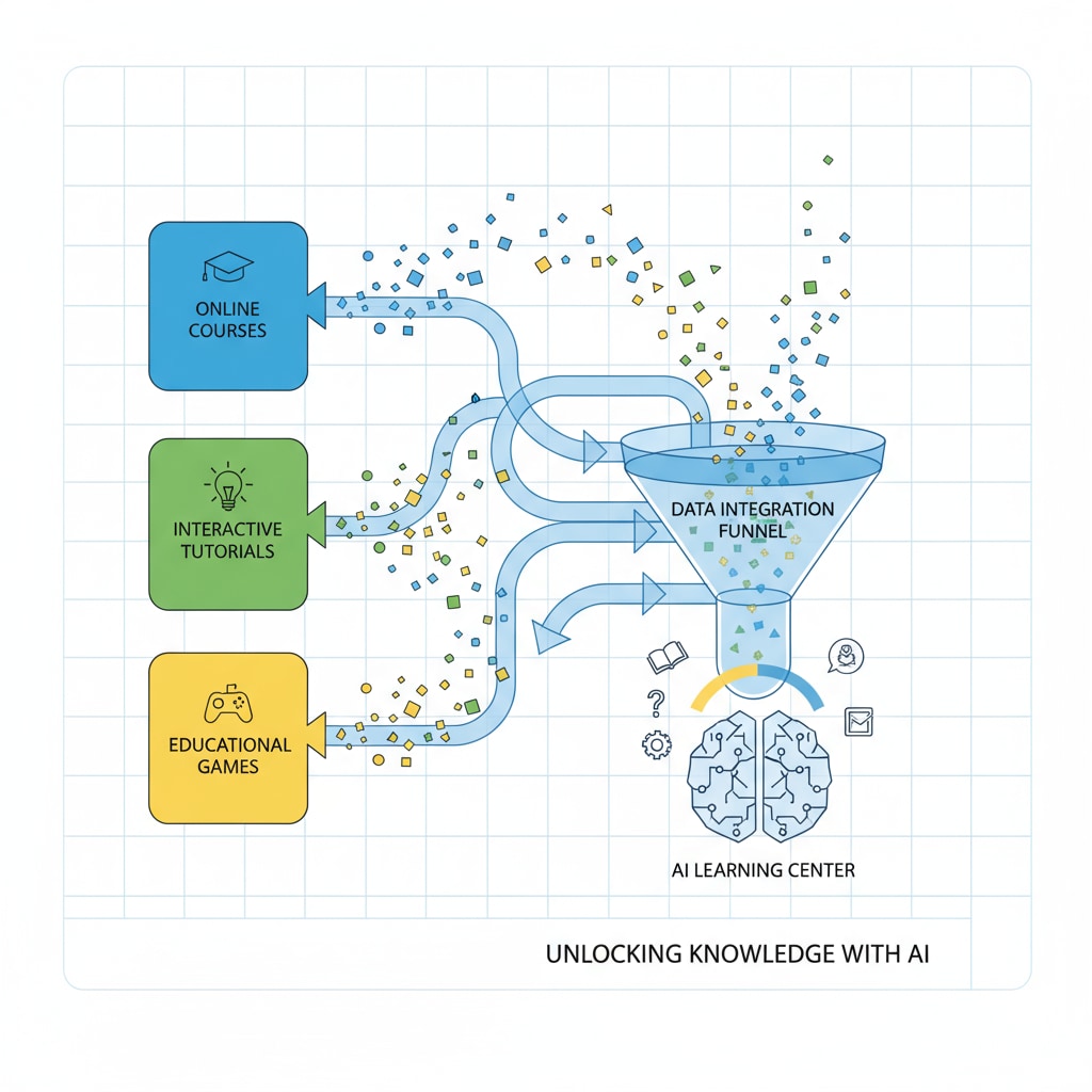 An illustration shows multiple educational platforms with scattered data being funneled into an AI Learning Center, demonstrating the process of data integration. An illustration of data integration into an AI Learning Center for teacher efficiency