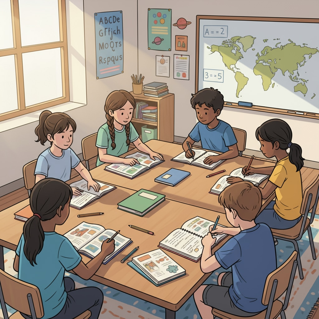 A group of K12 students are sitting around a table in a classroom, with books and notebooks open, engaged in studying together. K12 students using effective exam preparation methods and learning techniques in a classroom