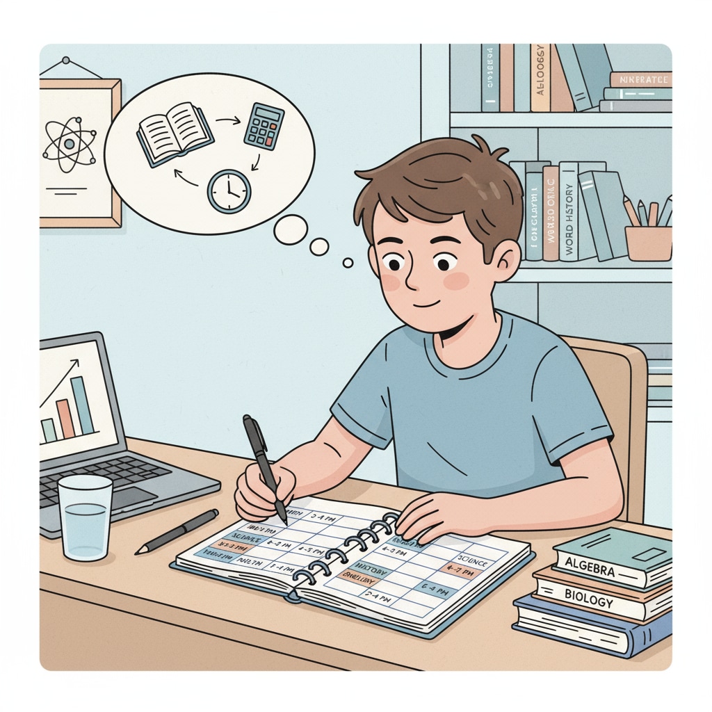 A student is sitting at a desk, looking at a planner with a pen in hand, marking down study time slots for different subjects. A student using time planning as an important exam preparation and learning technique