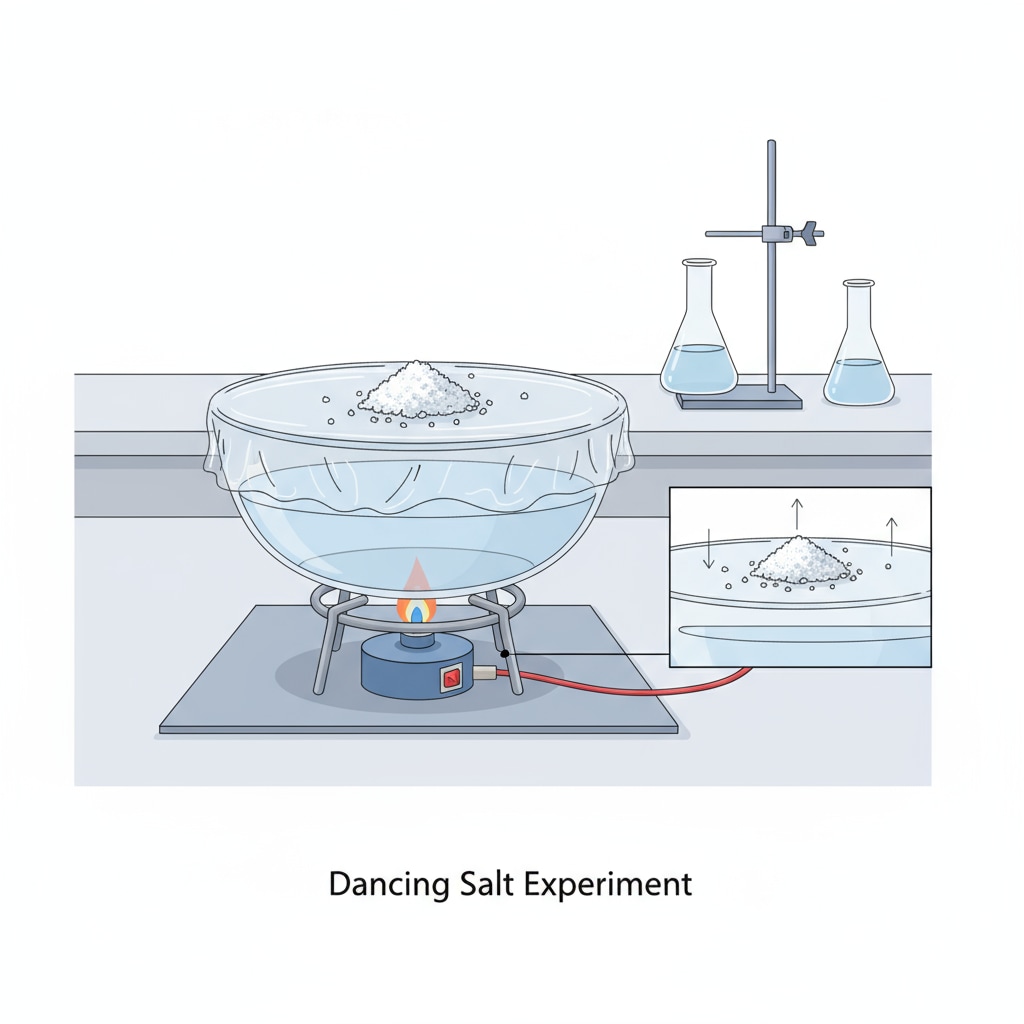 A setup of the dancing salt experiment with a bowl covered in plastic wrap and salt on it. A picture of the dancing salt experiment for primary school students related to science exhibitions.