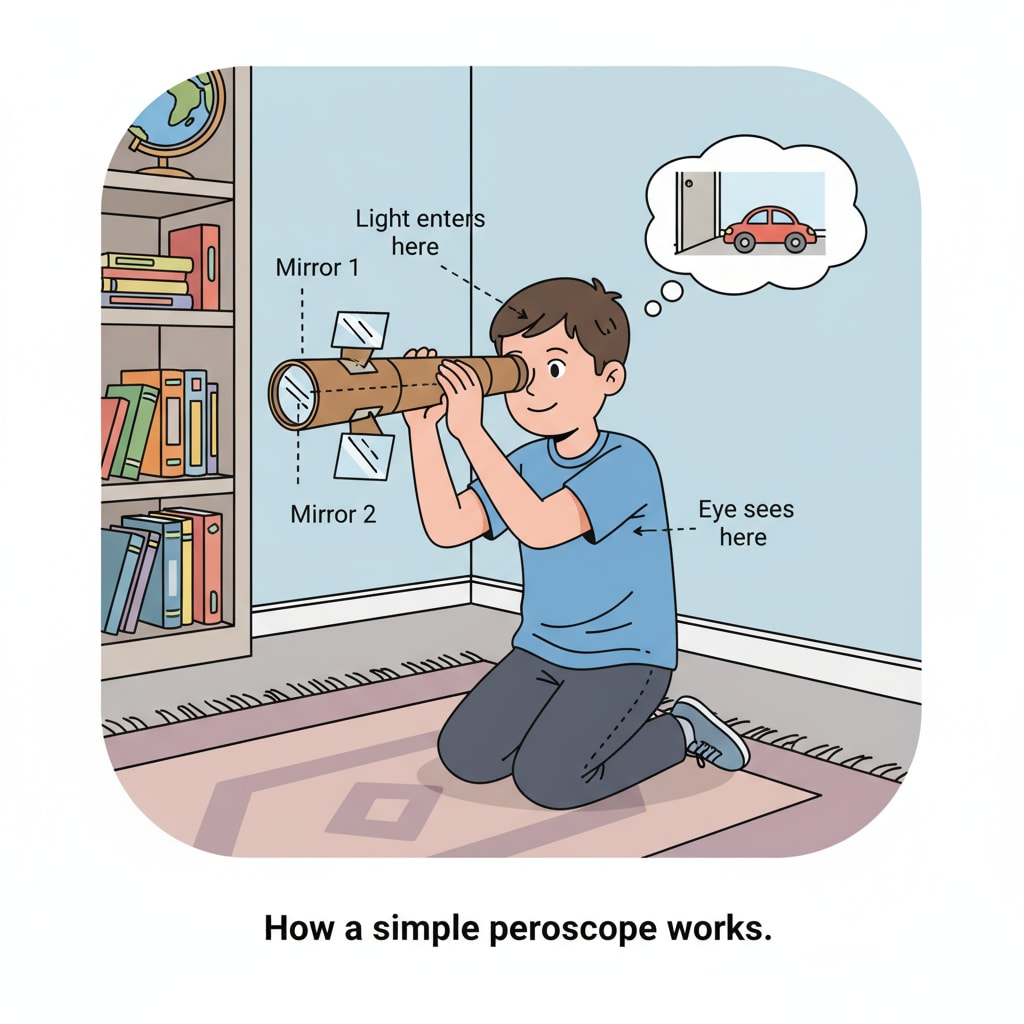 A child using a periscope made from a cardboard tube and two mirrors to look around a corner. A photo of a primary school student using a DIY periscope for a science experiment relevant to science exhibitions.