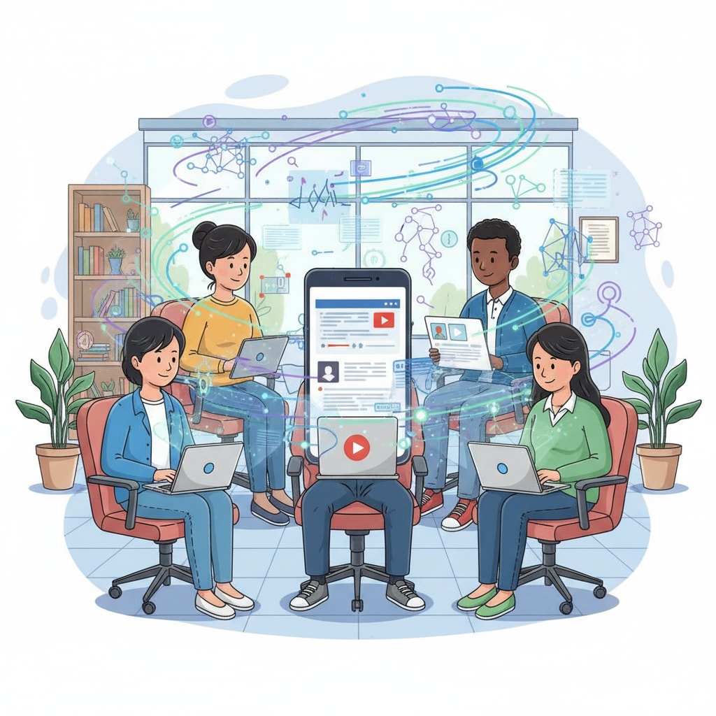 An illustration shows students from different ethnicities and socioeconomic backgrounds sitting in front of their devices, accessing video learning resources. AI elements like floating code and algorithms are depicted around them, indicating the assistance provided by AI. An illustration of students accessing video learning resources with the help of AI for educational equity