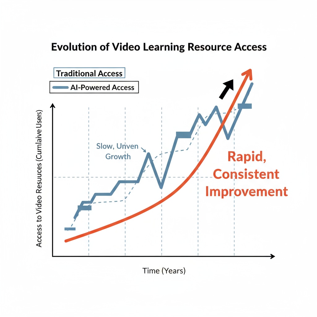 A graph shows two lines. One line represents the traditional access to video learning resources with a slow and uneven growth, while the other line shows a steep and consistent growth curve for AI-powered access to video learning resources, highlighting the improvement. A graph comparing traditional and AI-powered access to video learning resources for educational equity