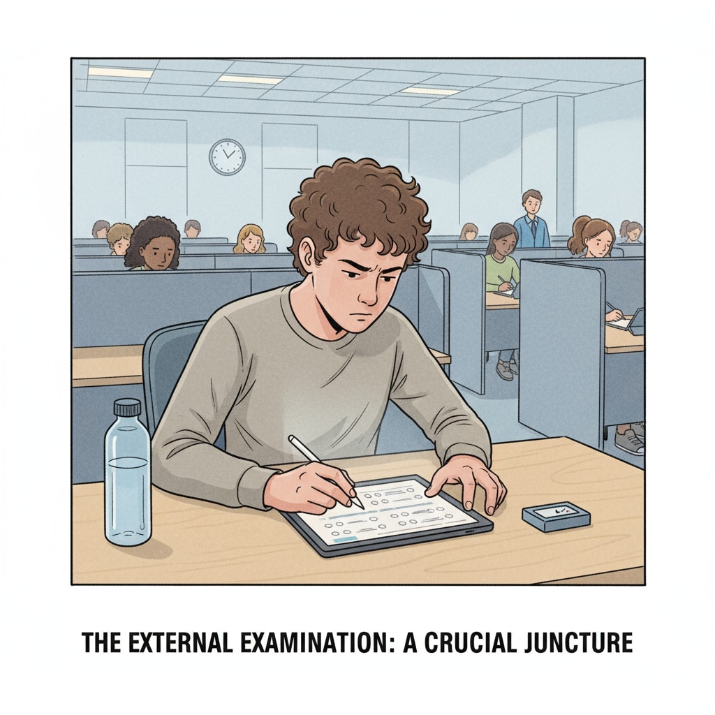 A student taking an external exam relevant to academic rigor, external exams, and college applications