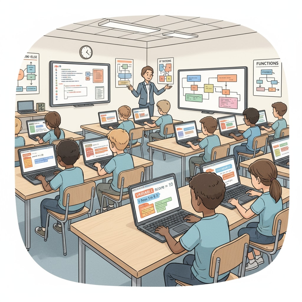 A classroom filled with students sitting at desks, intently looking at their computers as they learn basic programming concepts like variables and loops. K12 students learning programming basics relevant to software engineering for future certifications and resumes