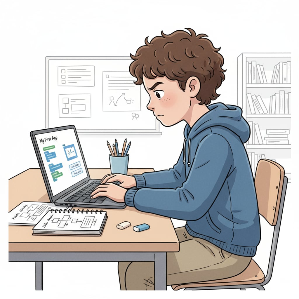 A young student is sitting at a table, concentrating on a laptop while working on a programming project that involves creating a simple application. A student engaged in a programming project important for software engineering career, certifications, and resume building