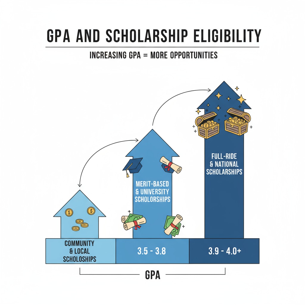 A visual representation of how GPA affects a student's chances of getting different types of scholarships. GPA and scholarship eligibility graph