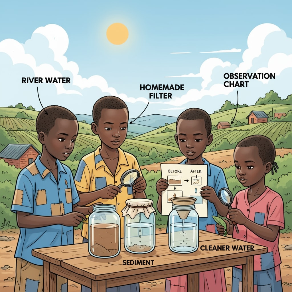 Children in rural Rwanda conducting a water experiment for STEM education