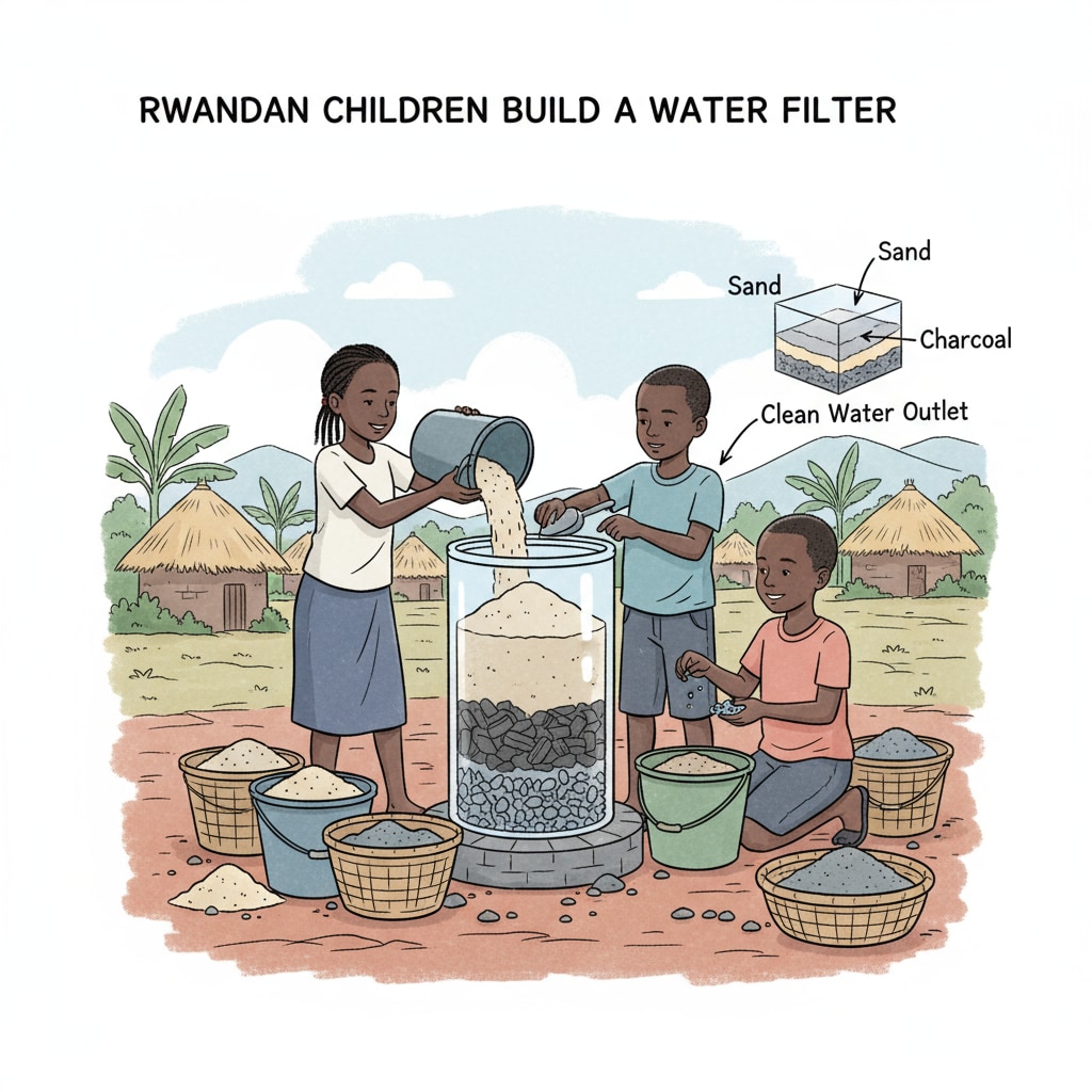 Rwandan children building a water filtration system for STEM project