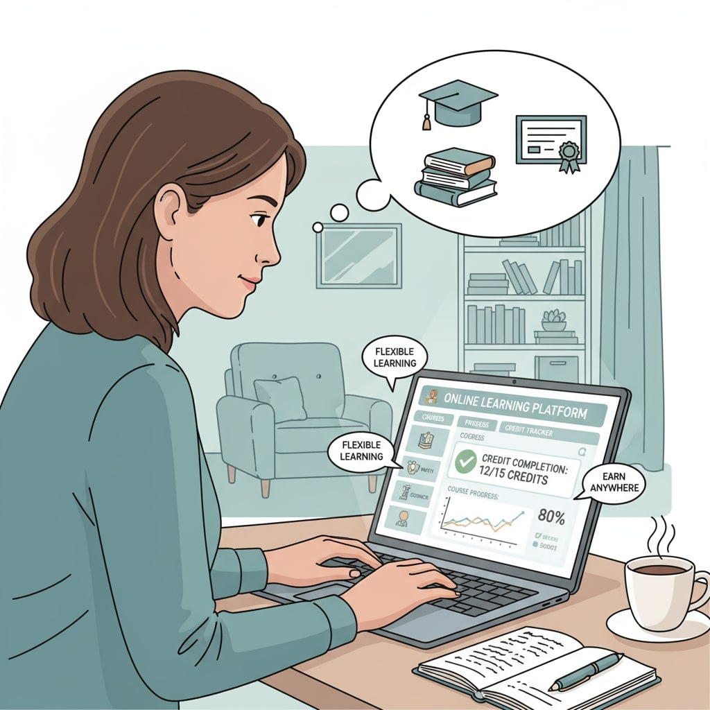 Adult learner using a laptop for online study to achieve graduation credits in adult education