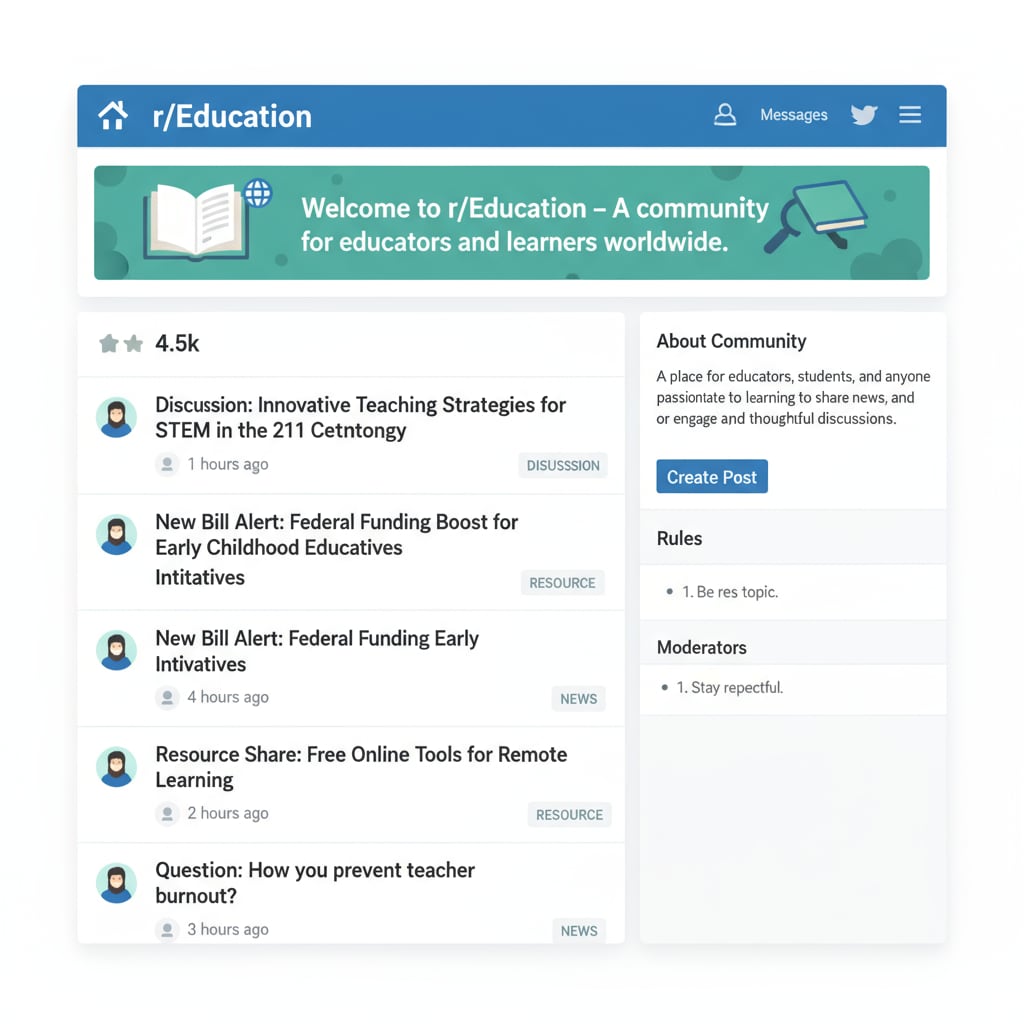 Screenshot of r/Education main page showing community rules, educational subreddits, and various posts related to posting guidelines